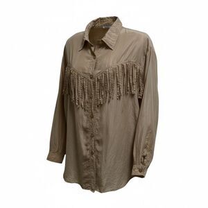 Vintage Silk Button Up Blouse Women's XL Brown Fringe Western Boho Cowgirl
